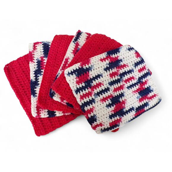 (6) Handmade Crocheted Dishcloths Washcloths 100% Cotton 8" x 8" Red White Blue - Picture 3 of 3